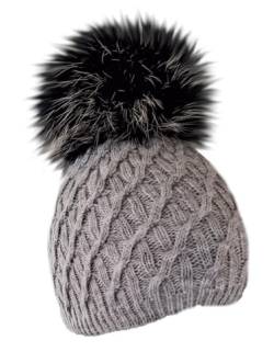 MERRYLAND Mütze Echtfellbommel Pudelmütze ECHTFELL Grau Bommelmütze Black Hat Real Fur Beanie Handmade Fellbommel Echt Fell Strickmütze Fellmütze Bommel Pelzbommel Pelz von MERRYLAND