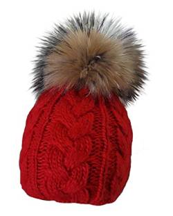 MERRYLAND Mütze Rot Echtfellbommel Pudelmütze ECHTFELL Bommelmütze Red Hat Real Fur Handmade Fellbommel Echt Fell Strickmütze Bommel Pelzbommel Waschbär Raccoon Pelz von MERRYLAND