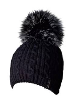 MERRYLAND Mütze Schwarz Echtfellbommel Pudelmütze ECHTFELL Bommelmütze Black Hat Real Fur Beanie Handmade Fellbommel Echt Fell Strickmütze Fellmütze Bommel Pelzbommel Pelz von MERRYLAND