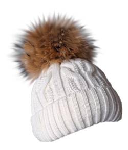 MERRYLAND Mütze XXL Echtfellbommel Pudelmütze Bommelmütze ECHTFELL Hat Real Fur Handmade Fellbommel Echt Fell Bommel Strickmütze Pelzbommel Waschbär Raccoon Pelz von MERRYLAND