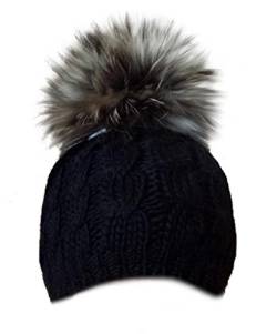 MERRYLAND Mütze XXL Echtfellbommel Pudelmütze Bommelmütze ECHTFELL Hat Real Fur Handmade Fellbommel Echt Fell Bommel Strickmütze Pelzbommel Waschbär Raccoon Pelz von MERRYLAND