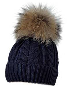 MERRYLAND Mütze XXL Echtfellbommel Pudelmütze Bommelmütze ECHTFELL Hat Real Fur Handmade Fellbommel Echt Fell Bommel Strickmütze Pelzbommel Waschbär Raccoon Pelz von MERRYLAND