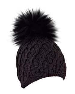 MERRYLAND Mütze XXL Echtfellbommel Pudelmütze Bommelmütze ECHTFELL Hat Real Fur Pompom Beanie Fellbommel Echt Fell Bommel Strickmütze Pelzbommel Waschbär Raccoon Pelz von MERRYLAND