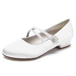 MERYAL Damen Flache Hochzeitsschuhe Strass Satin Ballerinas Runde Zehe Riemchen Brautschuhe Brautjungfernschuhe,Weiß,42 EU von MERYAL