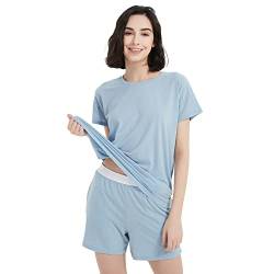 METARINO Damen-Pyjama aus Merinowolle, 2-teiliges Set, Nachtwäsche, kurze Ärmel, weicher O-Ausschnitt, Nachtwäsche für Zuhause, Himmelblau, M von METARINO