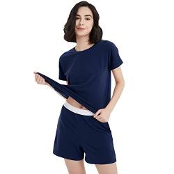 METARINO Damen-Pyjama aus Merinowolle, 2-teiliges Set, Nachtwäsche, kurze Ärmel, weicher O-Ausschnitt, Nachtwäsche für Zuhause, Marineblau, L von METARINO