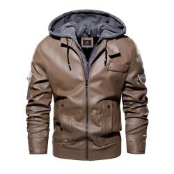 MEYOCEYO Lederjacke Herren Kunstleder Slim Fit Frühling Herbst Warm Bikerjacke Freizeitjacke Herrenjacke mit Abnehmbarer Kapuze Khaki 3XL von MEYOCEYO