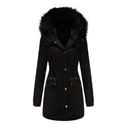 MEYOCEYO Winterjacke Damen Lang Warm Gefüttert Wintermantel mit Fellkapuze Winterparka Winddichte Parkajacke Schwarz L von MEYOCEYO