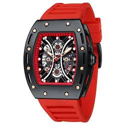 Tonneau Mini-Fokus-Armbanduhr für Herren, multifunktional, leger, wasserdicht, sehr leuchtend, Silikonband, rot/black, von MF MINI FOCUS
