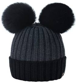 MFAZ Morefaz Ltd Damen Winter Beanie Strickmütze Mütze Doppelt Bommel Pom Pom Wurm SKI Mütze (Black Dark-Grey) von MFAZ Morefaz Ltd