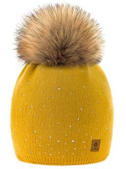 MFAZ Morefaz Ltd Damen Wintermütze mit Schal und Mütze, gestrickt, Bommel Gr. Erwachsene, Mustard Verona von MFAZ Morefaz Ltd