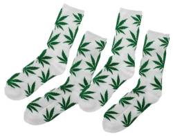 MFAZ Morefaz Ltd Set 2 x Baumwollsocken Marihuana Cannabis Weed Rasta Herren Damen Weiß Grün Blatt M-L, mehrfarbig, One size von MFAZ Morefaz Ltd