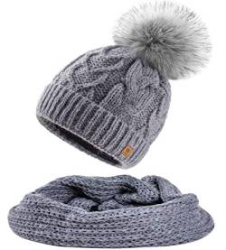 MFAZ Morefaz Ltd Set Mütze & Schal Damen Winter Beanie Wurm Strickmütze Mohair Wolle Flechte Fleece Bommel Pom Pom (Grey Mütze & Schal) von MFAZ Morefaz Ltd