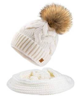 MFAZ Morefaz Ltd Set Mütze & Schal Flechte Damen Winter Beanie Wurm Strickmütze Mohair Wolle Fleece Bommel Pom Pom (Ecru Mütze & Schal) von MFAZ Morefaz Ltd