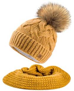 MFAZ Morefaz Ltd Set Mütze & Schal Flechte Damen Winter Beanie Wurm Strickmütze Mohair Wolle Fleece Bommel Pom Pom (Mustard Mütze & Schal) von MFAZ Morefaz Ltd