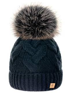 MFAZ Morefaz Ltd Winter Damen Strickmütze Beanie Wurm Mohair Wolle Fleece Bommel Pom Pom (Kama Black) von MFAZ Morefaz Ltd