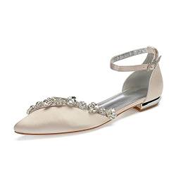 Damen Spitze Zehen Ballerinas Flache elegant Strass Satin Knöchelriemen Schnalle Abendkleid Brautschuhe Hochzeitsschuhe Sandalen,Champagne,43 EU von MGEM