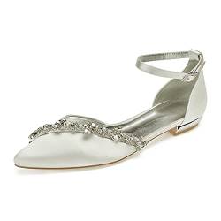 Damen Spitze Zehen Ballerinas Flache elegant Strass Satin Knöchelriemen Schnalle Abendkleid Brautschuhe Hochzeitsschuhe Sandalen,Elfenbein,41 EU von MGEM