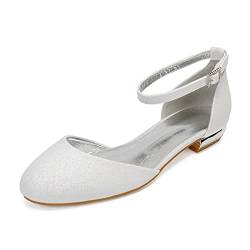 MGEM Damen Ballerinas Runde Zehen Knöchelriemen Flache Brautschuhe Hochzeitschuhe,Elfenbein,43 EU von MGEM