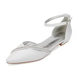 MGEM Damen Brautschuhe elegant Strass Spitze Knöchelriemen Schnallen Flache Ballerinas Abendkleid Hochzeitsschuhe,Elfenbein,38 EU von MGEM