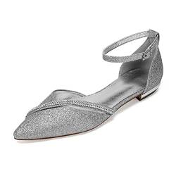 MGEM Damen Brautschuhe elegant Strass Spitze Knöchelriemen Schnallen Flache Ballerinas Abendkleid Hochzeitsschuhe,Silber,42 EU von MGEM