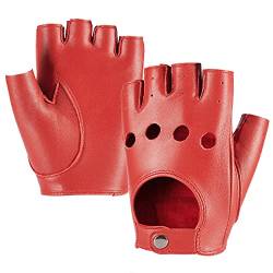 MGGMOKAY Damen Fingerlose Schaffell Autofahrer Lederhandschuhe Rock Punk Handschuhe,Rot,XL von MGGMOKAY