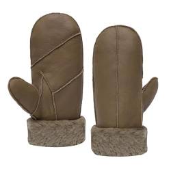 MGGMOKAY Damen Lammfell Shearling Fäustlinge Warme Winter Lederhandschuhe,Hellbraun,L von MGGMOKAY