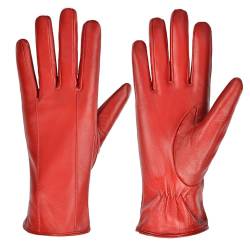 MGGMOKAY Damen Lederhandschuhe Touchscreen Handschuhe Warm Echtes Leder mit Kaschmir Gefüttert,Rot,L von MGGMOKAY