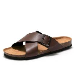 MGGMOKAY Herren Pantoletten Leder Kork-Sandalen Bequem Mit Verstellbarer Rieme,Braun,44 von MGGMOKAY