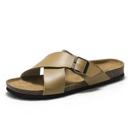 MGGMOKAY Herren Pantoletten Leder Kork-Sandalen Bequem Mit Verstellbarer Rieme,Kamel,42 von MGGMOKAY