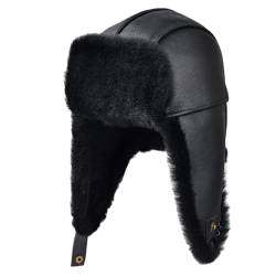 MGGMOKAY Unisex Lammfell Shearling Wintermütze,Aviatormütze,Russische Ushanka Trapper Winterfellmütze,Schwarz,S von MGGMOKAY