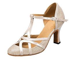 MGM-Joymod Damen-Tanzschuhe mit T-Riemen, geschlossene Zehenpartie, Glitzer, Synthetik, Abend, Hochzeit, Tango, Ballsaal, modern, Lateinamerikanisch, Champagne 8cm Heel, 41 EU von MGM-Joymod