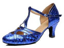 MGM-Joymod Damen-Tanzschuhe mit T-Riemen, geschlossene Zehenpartie, Glitzer, Synthetik, Abend, Hochzeit, Tango, Ballsaal, modern, Lateinamerikanisch, Floral Blue 6cm Heel, 37.5 EU von MGM-Joymod