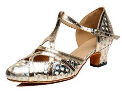 MGM-Joymod Damen-Tanzschuhe mit T-Riemen, geschlossene Zehenpartie, Glitzer, Synthetik, Abend, Hochzeit, Tango, Ballsaal, modern, Lateinamerikanisch, Floral Gold 5cm Heel, 35 EU von MGM-Joymod