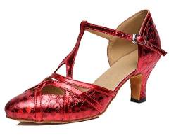 MGM-Joymod Damen-Tanzschuhe mit T-Riemen, geschlossene Zehenpartie, Glitzer, Synthetik, Abend, Hochzeit, Tango, Ballsaal, modern, Lateinamerikanisch, Floral Red 6cm Heel, 38 EU von MGM-Joymod