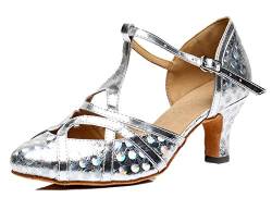 MGM-Joymod Damen-Tanzschuhe mit T-Riemen, geschlossene Zehenpartie, Glitzer, Synthetik, Abend, Hochzeit, Tango, Ballsaal, modern, Lateinamerikanisch, Floral Silver 6cm Heel, 37 EU von MGM-Joymod