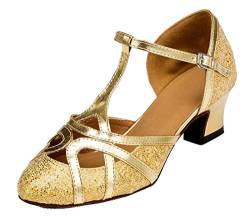 MGM-Joymod Damen-Tanzschuhe mit T-Riemen, geschlossene Zehenpartie, Glitzer, Synthetik, Abend, Hochzeit, Tango, Ballsaal, modern, Lateinamerikanisch, Glitter Gold 5cm Heel, 37.5 EU von MGM-Joymod