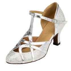 MGM-Joymod Damen-Tanzschuhe mit T-Riemen, geschlossene Zehenpartie, Glitzer, Synthetik, Abend, Hochzeit, Tango, Ballsaal, modern, Lateinamerikanisch, Glitter Silver 6cm Heel, 36.5 EU von MGM-Joymod