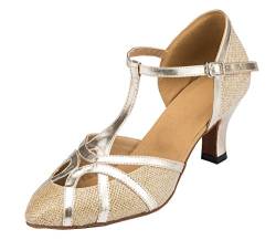 MGM-Joymod Damen-Tanzschuhe mit T-Riemen, geschlossene Zehenpartie, Glitzer, Synthetik, Abend, Hochzeit, Tango, Ballsaal, modern, Lateinamerikanisch, Gold 6cm Heel, 38.5 EU von MGM-Joymod