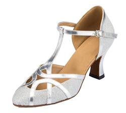 MGM-Joymod Damen-Tanzschuhe mit T-Riemen, geschlossene Zehenpartie, Glitzer, Synthetik, Abend, Hochzeit, Tango, Ballsaal, modern, Lateinamerikanisch, Silver 7cm Heel, 39 EU von MGM-Joymod