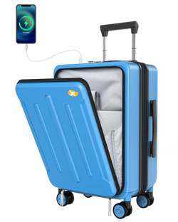 MGOB Koffer Handgepäck Trolleys Polycarbonat Reisekoffer Erweiterbar mit Vordertasche Hartschalen Leicht mit TSA USB und Externer Teleskopgriff,55x36x24cm(Blau) von MGOB