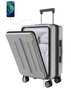 MGOB Koffer Handgepäck Trolleys Polycarbonat Reisekoffer Erweiterbar mit Vordertasche Hartschalen Leicht mit TSA USB und Externer Teleskopgriff,55x36x24cm(Silber) von MGOB