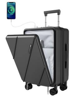 MGOB Koffer Trolleys Polycarbonat Handgepäck Reisekoffer Erweiterbar mit Vordertasche Hartschalen Leicht mit TSA USB und Externer Teleskopgriff, 55x36x24cm(Schwarz) von MGOB