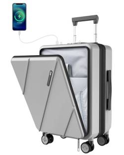 MGOB Koffer Trolleys Polycarbonat Handgepäck Reisekoffer Erweiterbar mit Vordertasche Hartschalen Leicht mit TSA USB und Externer Teleskopgriff, 55x36x24cm(Silber) von MGOB