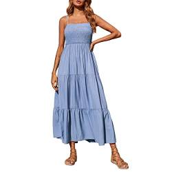 Boho Kleid Damen lang Sommer Damen Sommer Maxikleid Casual Boho Ärmelloses Kleid Träger Smocked Tiered Long Beach Sun Elegantes Kleid (Blue, L) von MGSFGlk