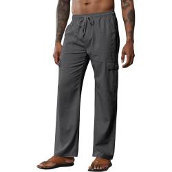 Leinenhose Herren Lang Leichte Sommerhose Baumwolle Cargo Loose Freizeithose mit Kordelzug Sommerhose Herren Casual Leinen Hose Einfarbig Bequem Stoffhose Strandhose Männer Stretch Hosen mit Tasche von MGSFGlk