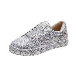 MGSFGlk Glitzer Sneaker Damen Flache Freizeit Pailletten Schuhe Leicht Atmungsaktiv Glitzer Schuhe Bequeme Silber Pailettenschuhe Laufschuhe mit Klettverschluss Outdoor Fitness Turnschuhe Sportschuhe von MGSFGlk