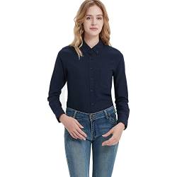 MGWDT Button-Down-Shirt Damen Langarm Bluse Oxford Hemd Klassische Passform Baumwolle Tops knitterfrei (2XS-3XL), Marineblau, Mittel von MGWDT
