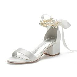 Brautschuhe Damen Sommer Peep Zehen Perle Knöchelriemen Bogen Band Hochzeitsschuhe Mode Blockabsatz Sandaletten,Elfenbein,38 EU von MGYQ