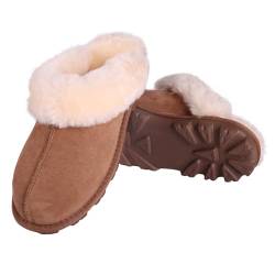 MYLUNE HOME Echte Lammfell Hausschuhe Damen Geschenke für Frauen Flauschige Warme Fell Hausschuhe Damen Pantoffeln Winter Plüsch Schaffell Hausschuhe Slipper Damen Leder Wolle Braun Geschenk Frau von MH MYLUNE HOME